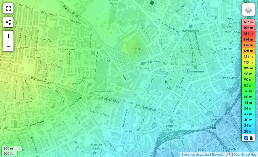 Newcastle elevation map